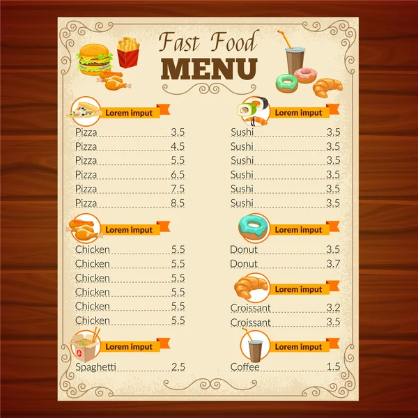 Menu de fast food — Vetor de Stock