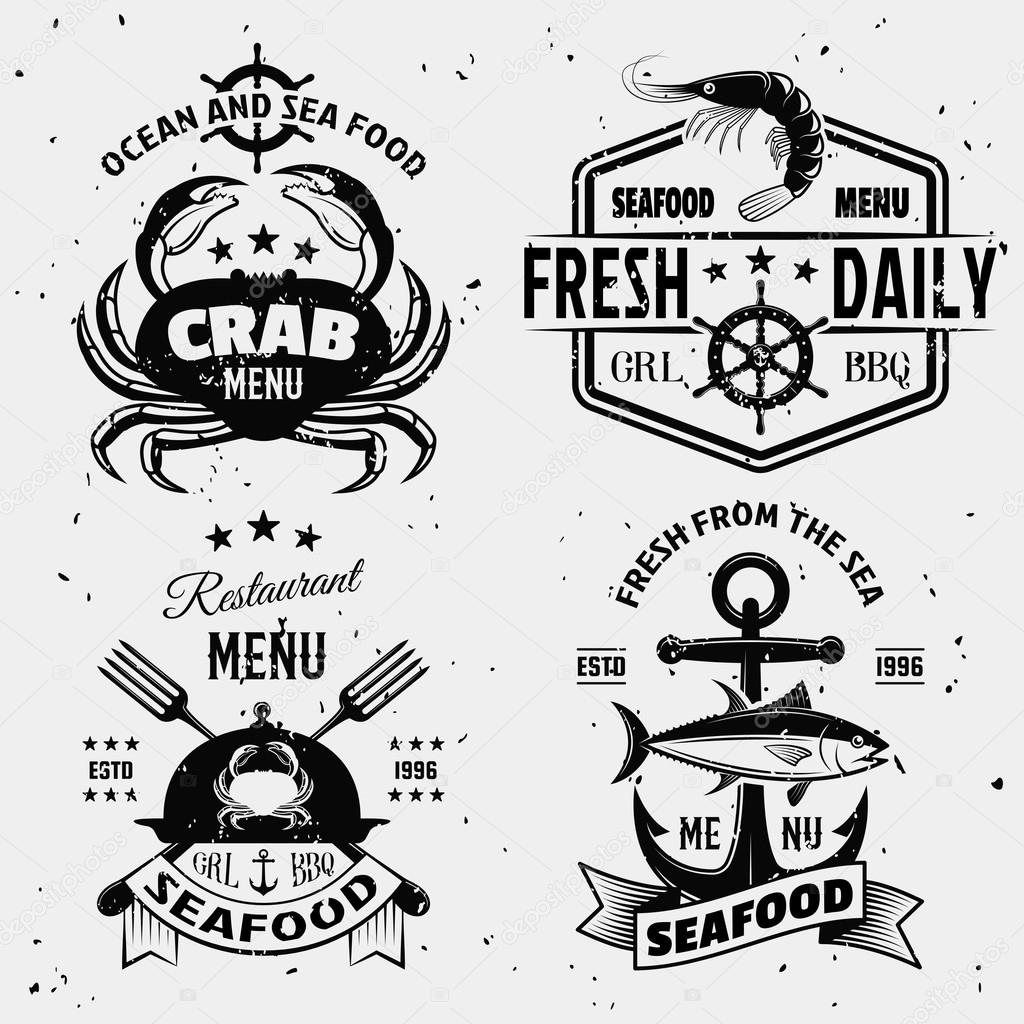 Seafood menu monochrome emblems with nautical symbols shellfish cloche on white background with stains isolated vector illustration