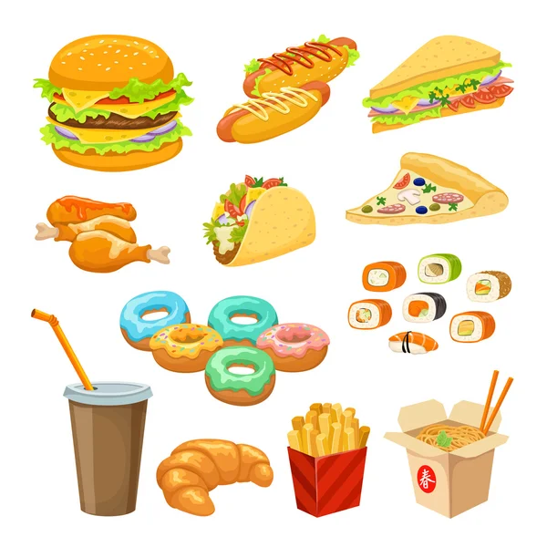 Fast Food färgglada objekt Set — Stock vektor