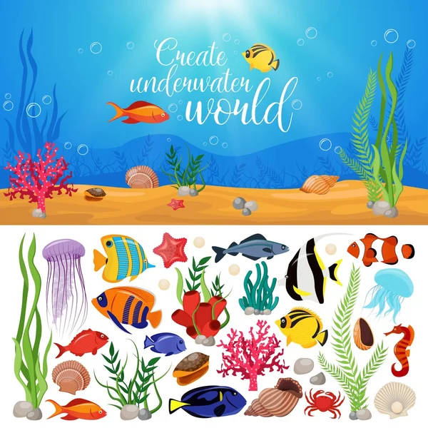 Vida marina Animales Plantas Composición — Vector de stock