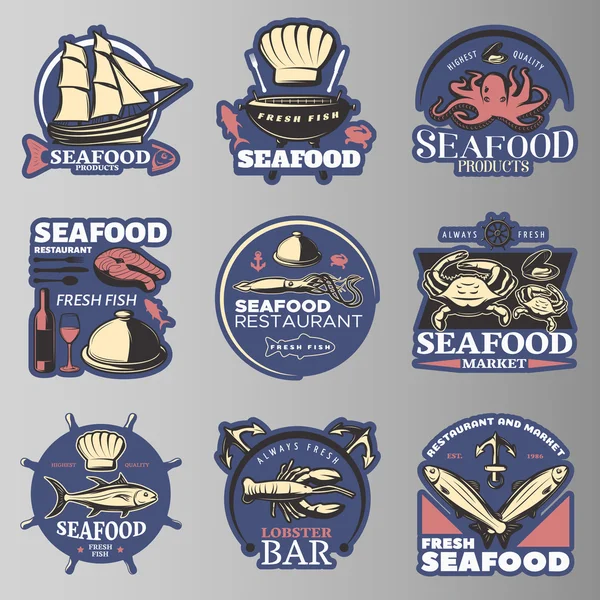 Conjunto de Emblema de frutos do mar em cores — Vetor de Stock