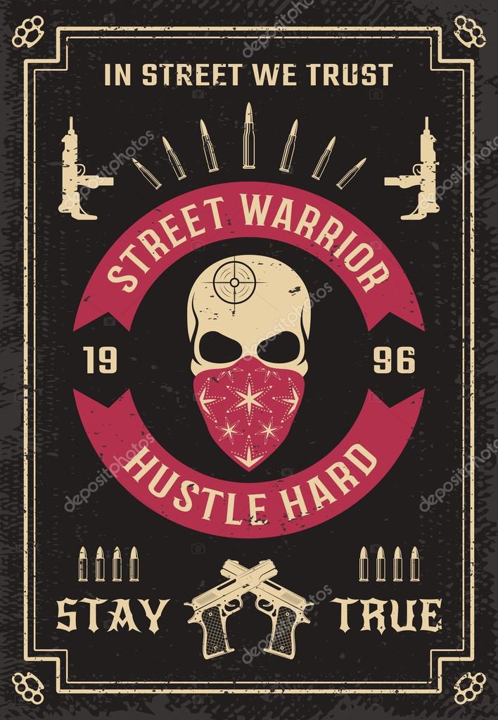 Gangster colored poster with male skull in bandana firearms and bullets on textural black background vector illustration