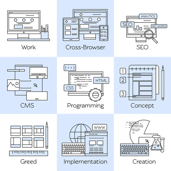 Web design line weißes Symbol gesetzt — Stockvektor