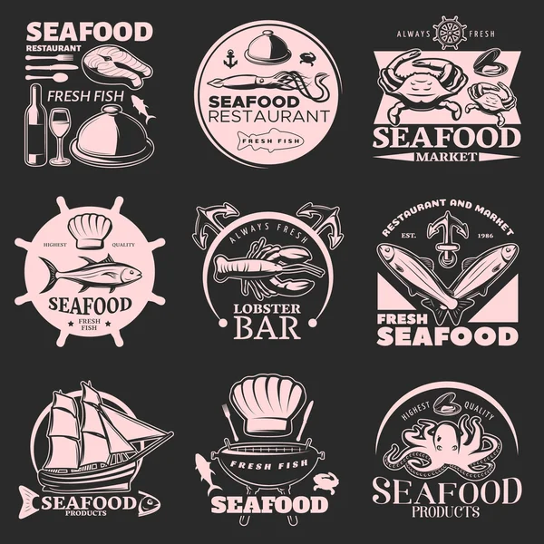 Seafood Emblem Set On Dark — Stock Vector