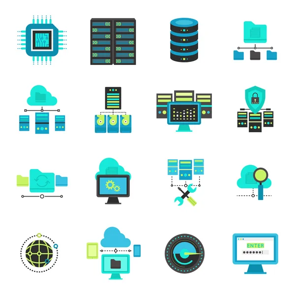 Set de iconos planos de centro de datos — Vector de stock