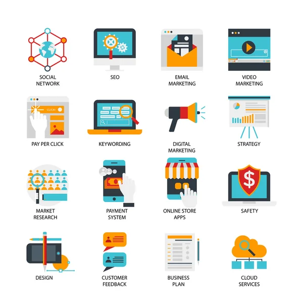 Conjunto de iconos planos de marketing digital — Archivo Imágenes Vectoriales