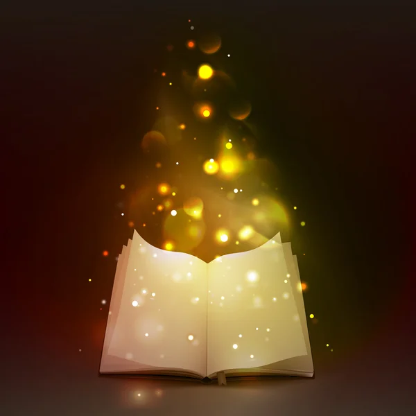 Libro abierto 3d con luces mágicas — Vector de stock