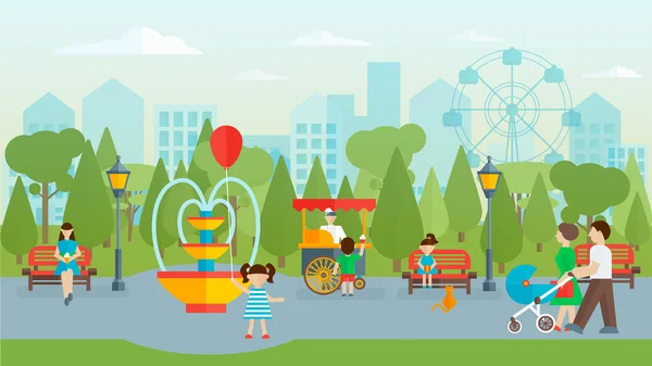 Parque de la ciudad con gente de diseño plano — Vector de stock