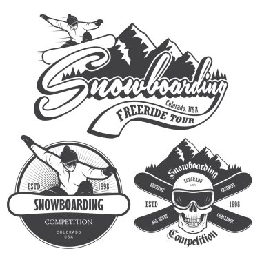 snowboard amblem, etiketleri ve tasarlanmış öğeler kümesi.