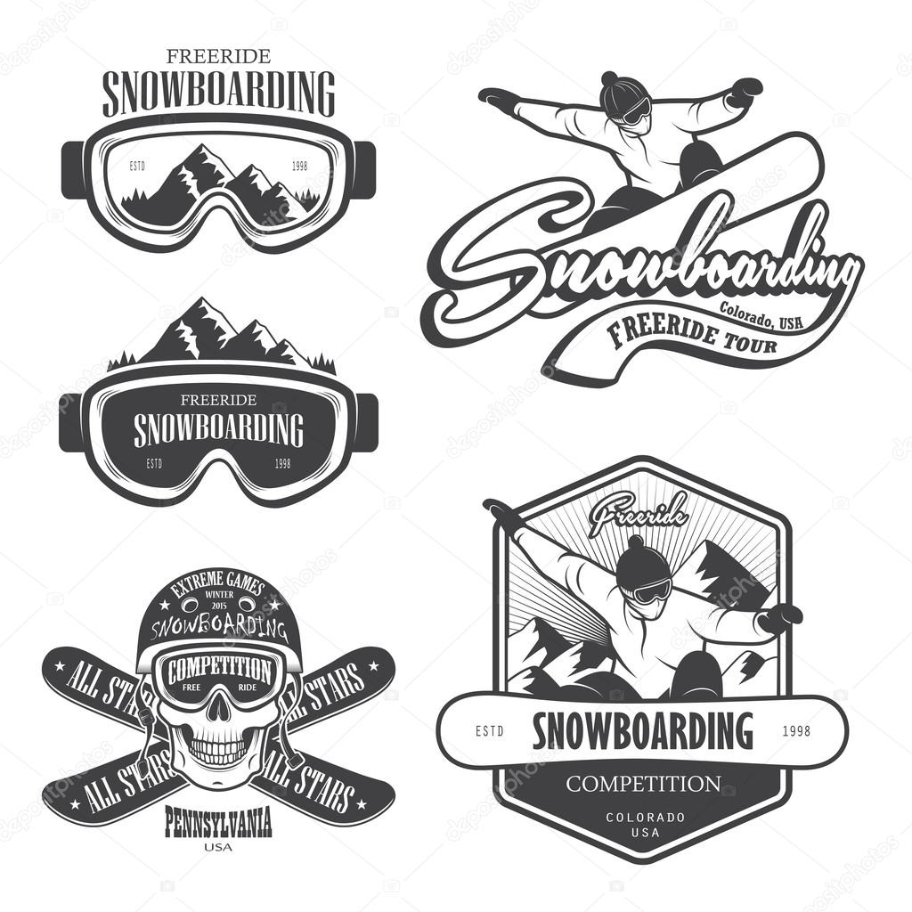 Set of snowboarding emblems, labels and designed elements. Extreme theme, winter games, outdoors adventure. Set 2