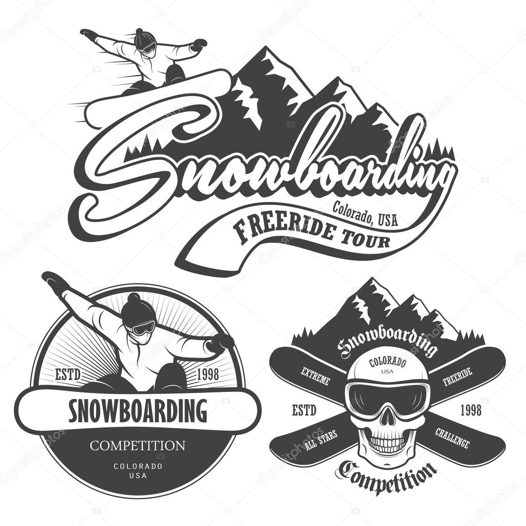 Set of snowboarding emblems, labels and designed elements. Extreme theme, winteg games, outdoors adventure.