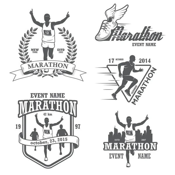 Set of running marathon and jogging emblems, labels and badges — Stock Vector