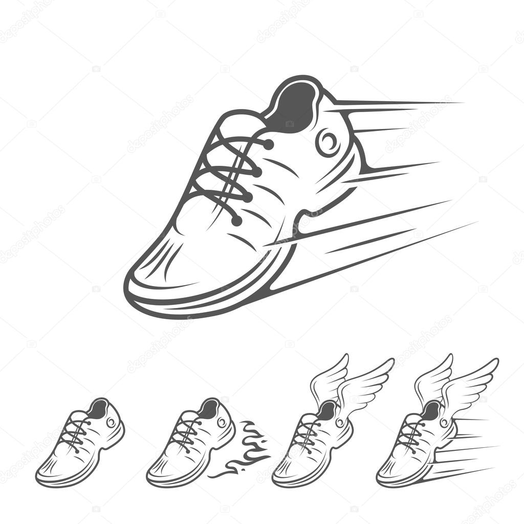 Speeding running shoe icons in five variations with a trainer, sneaker or sports shoe with speed and motion trails, vector isolated silhouette logo element on white