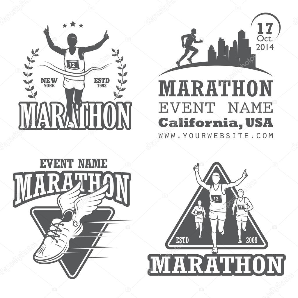 Set of running marathon and jogging emblems, labels and badges.