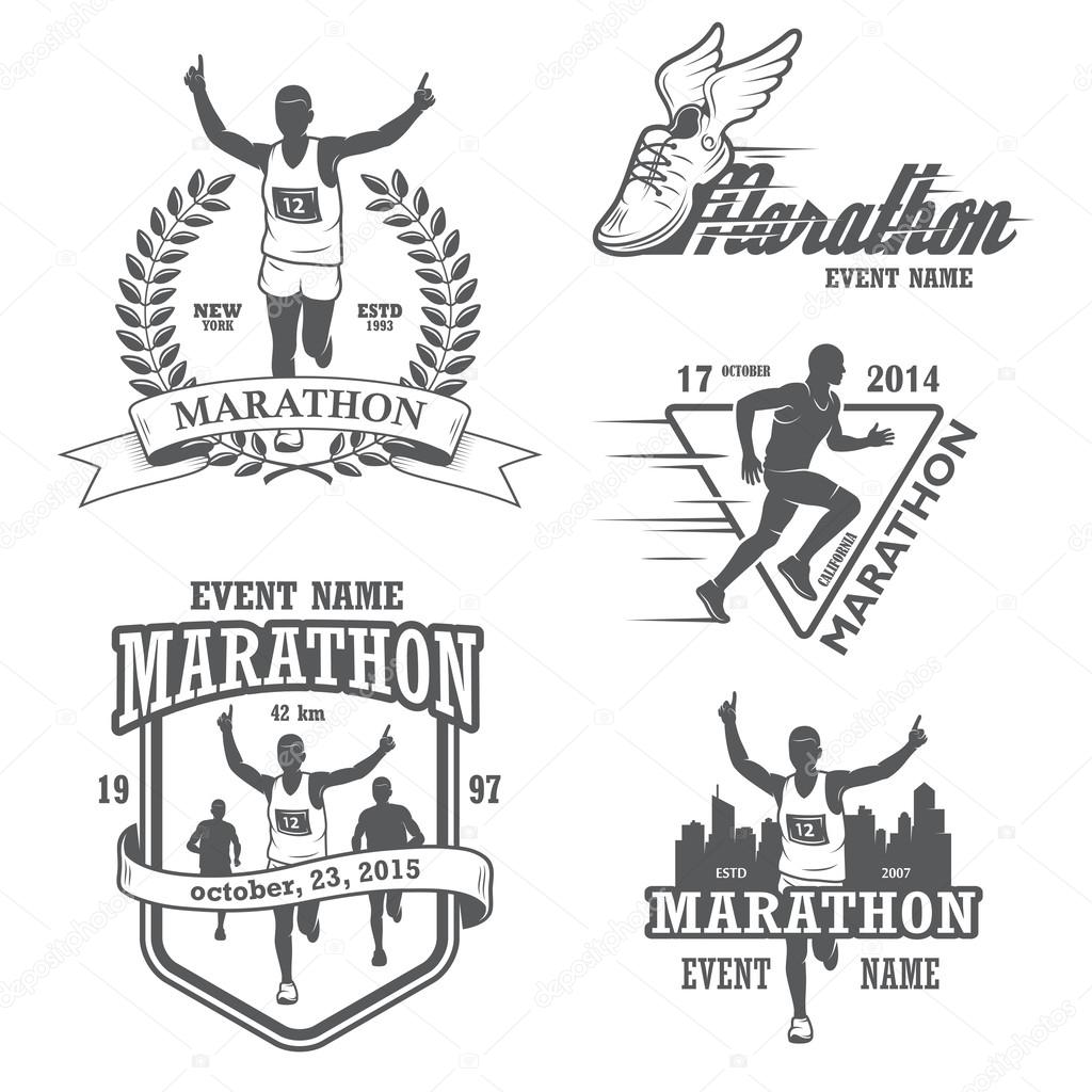 Set of running marathon and jogging emblems, labels and badges