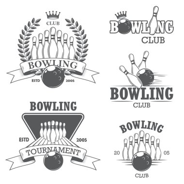 Dizi siyah beyaz izole bowling Amblemler, etiketleri, rozetleri 