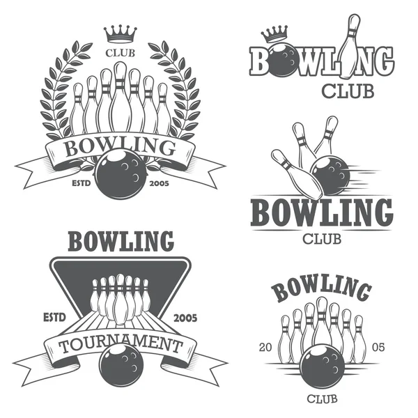 Ensemble d'emblèmes de bowling isolés en noir et blanc, étiquettes, badges — Image vectorielle