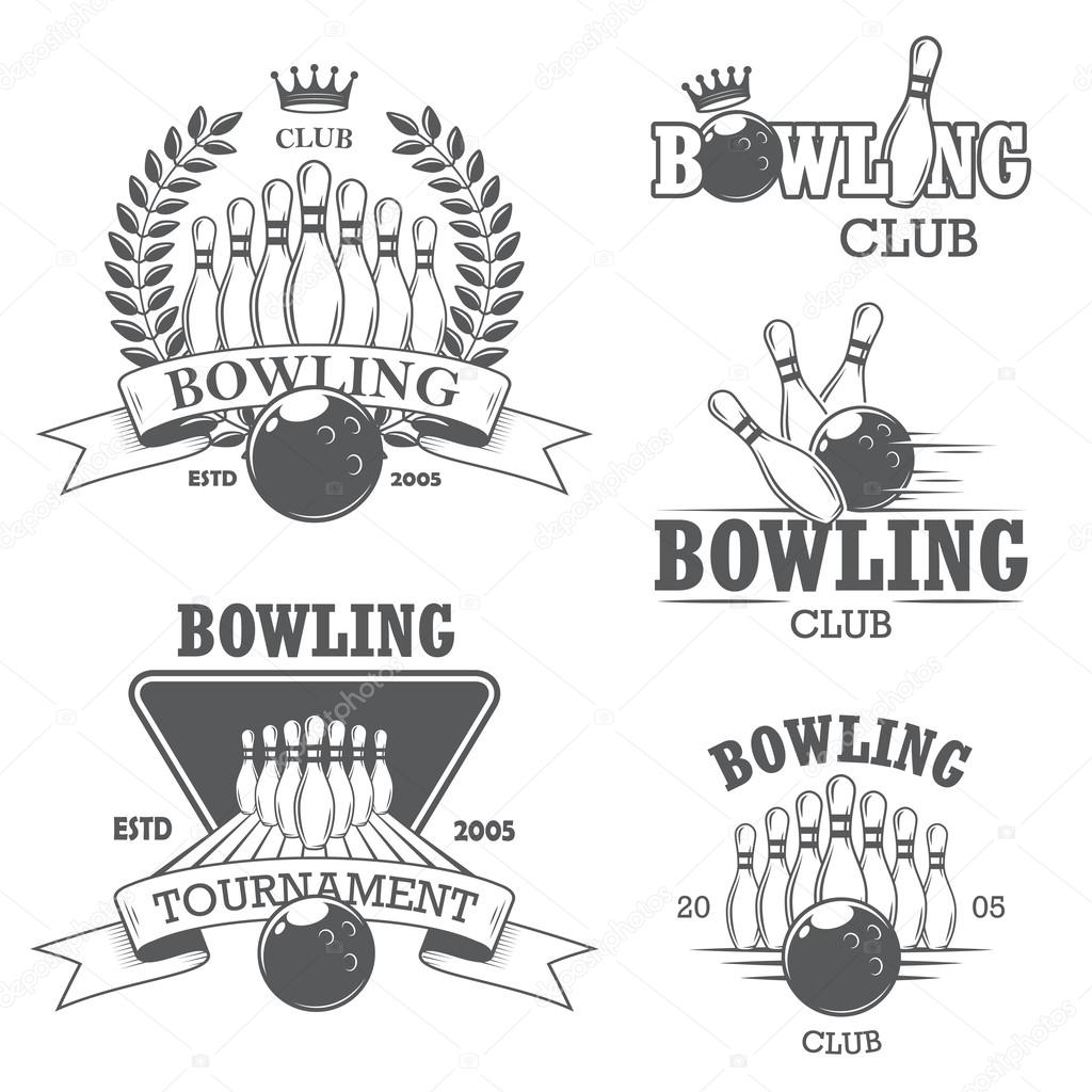 Set of black and white isolated bowling emblems, labels, badges 
