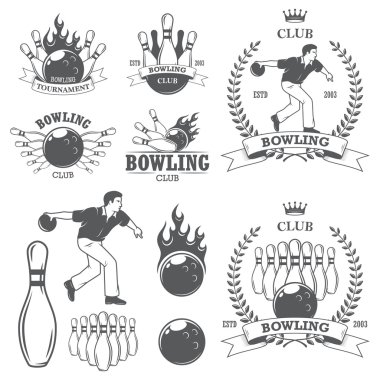 Dizi siyah beyaz izole bowling Amblemler, etiketleri, rozetleri 