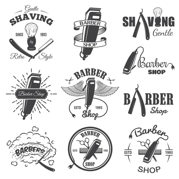 Segundo conjunto de emblemas de barbearia vintage . — Vetor de Stock