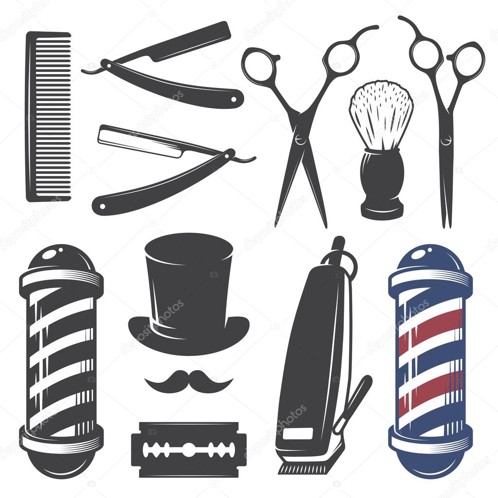 Set of vintage barber shop elements. Monochrome linear style