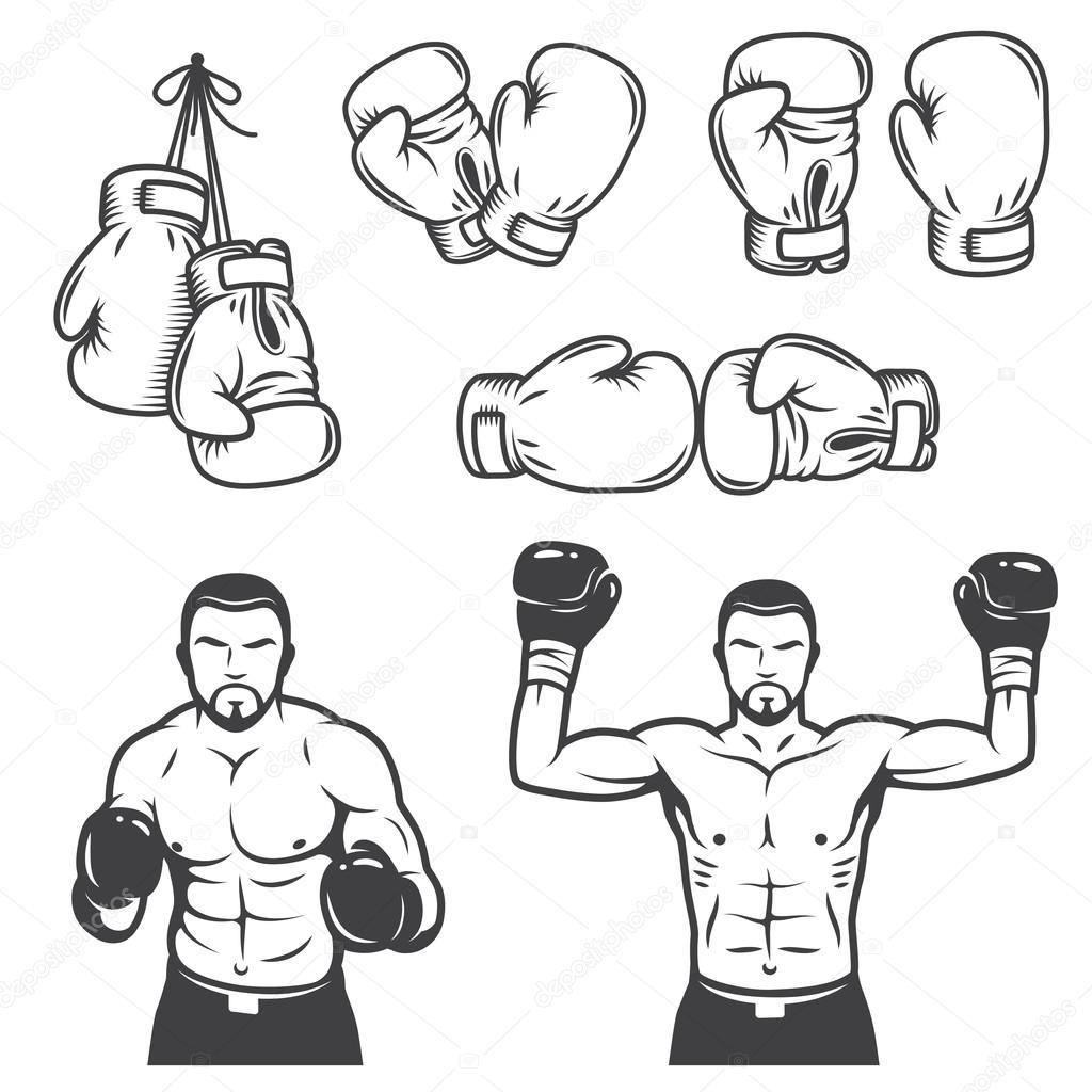 Set of vintage boxing emblems, labels, badges, logos and designed elements. Monochrome style