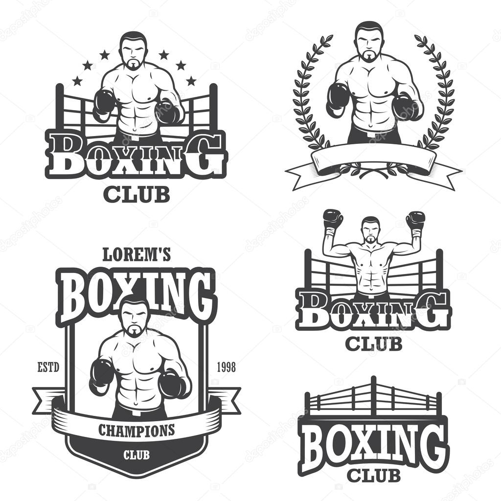 Set of vintage boxing emblems, labels, badges, logos and designed elements. Monochrome style
