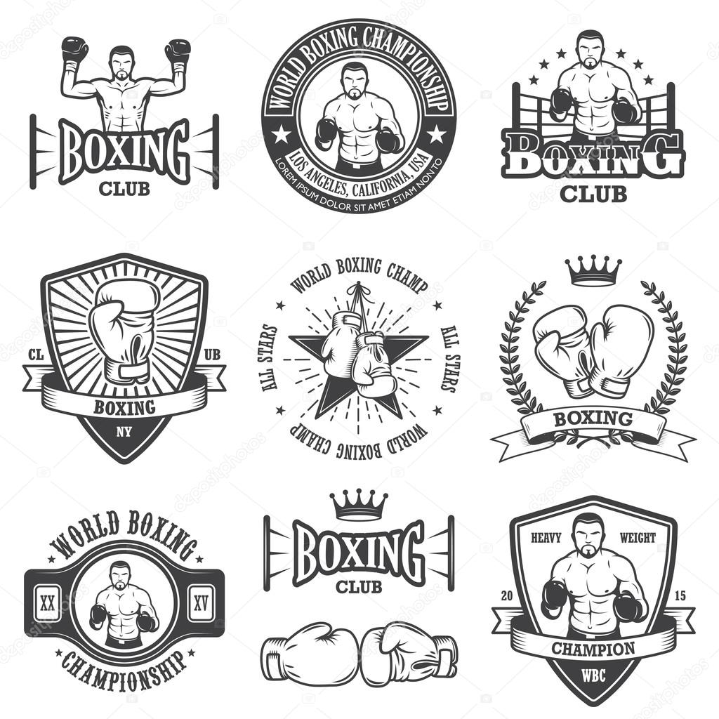 Set of vintage boxing emblems, labels, badges, logos and designed elements. Monochrome style