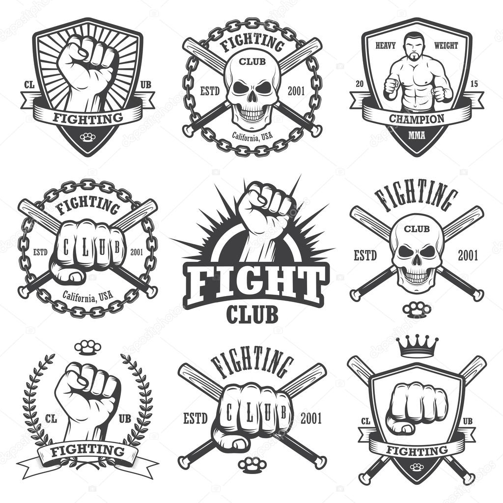 Set of cool fighting club emblems, labels, badges, logos. Monochrome graphic style