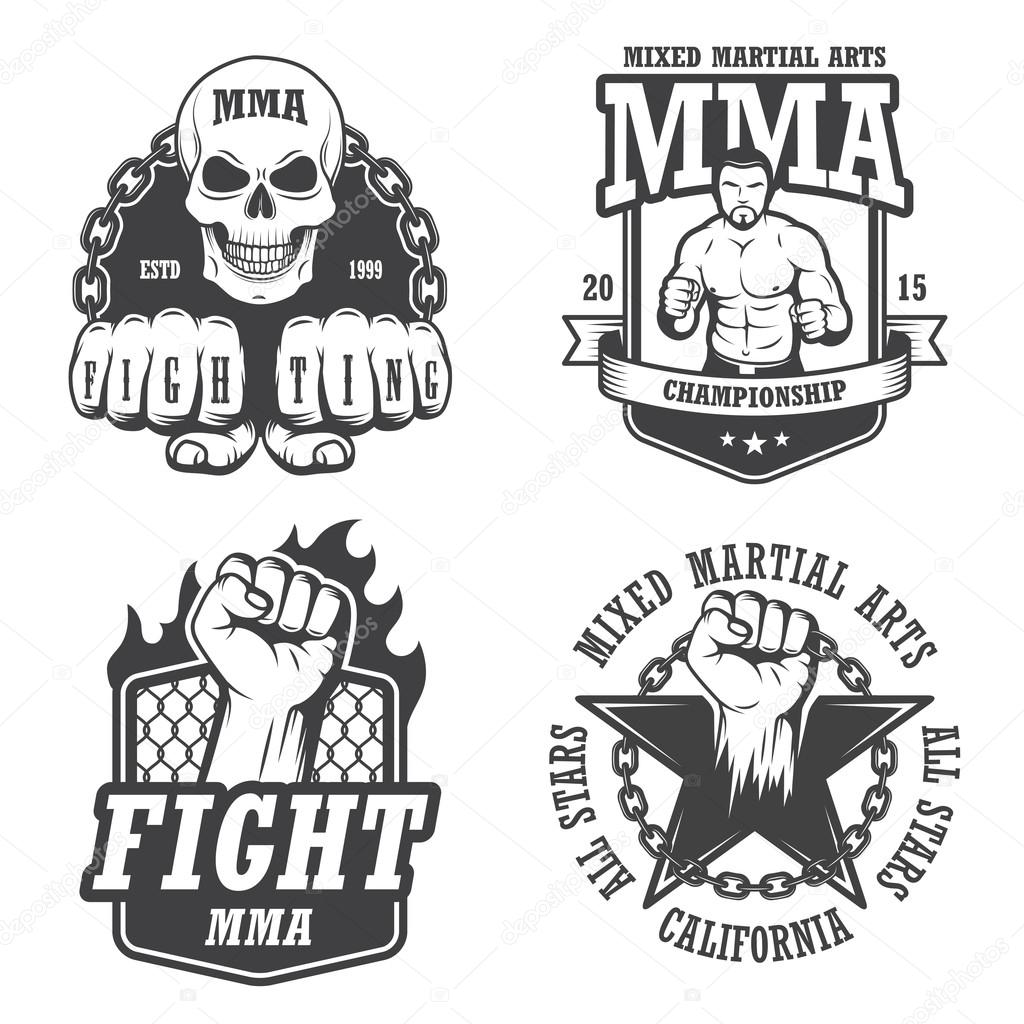 Set of four mma emblems, labels, badge, logos. Monochrome graphic style