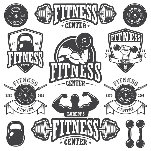 Set van zwart-wit fitness emblemen — Stockvector