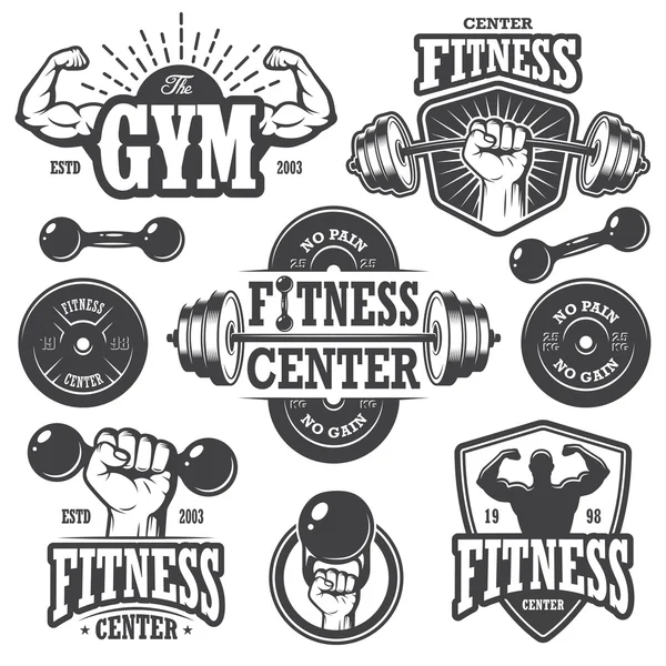 Tweede set van zwart-wit fitness emblemen — Stockvector