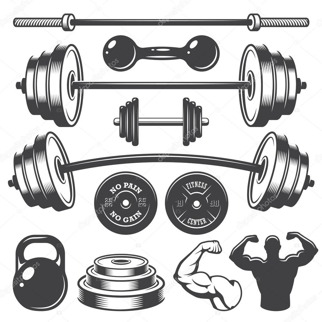 Set of vintage fitness designed elements. Monochrome style