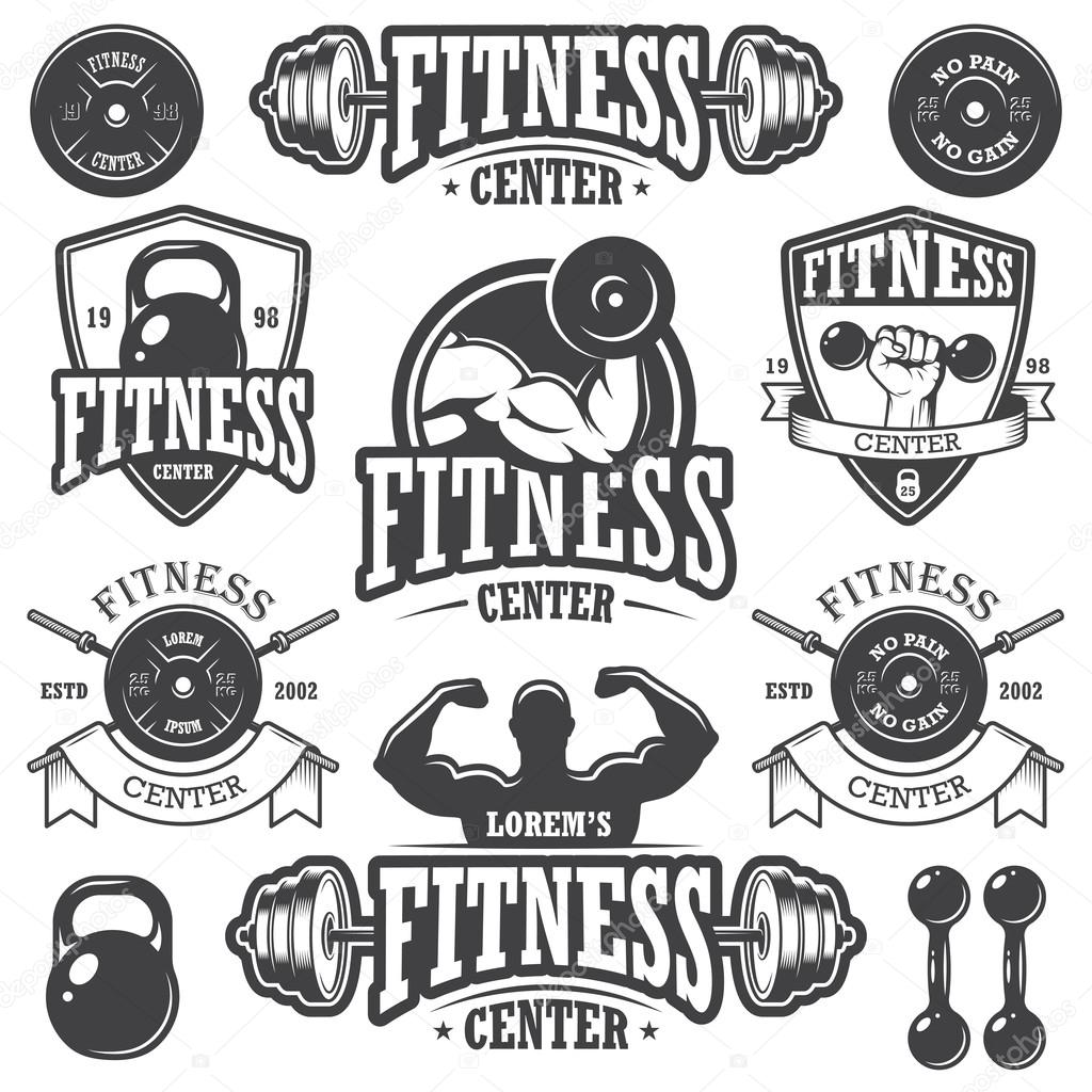 Set of monochrome fitnes emblems, labels, badges, logos and designed elements.