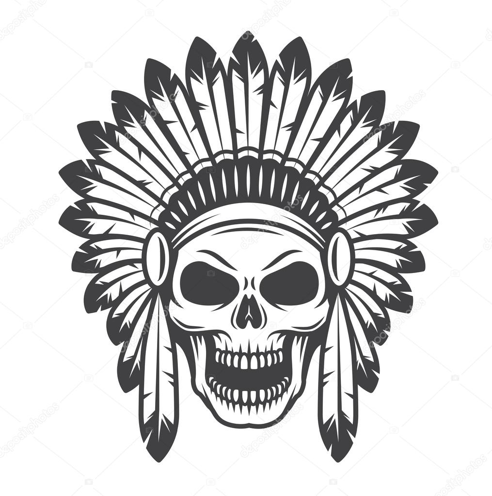Illustration of american indian skull. Monochrome style. Wild west theme