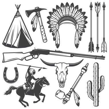 Set of wild west american indian designed elements clipart