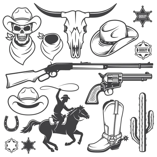 Conjunto de elementos diseñados vaquero salvaje oeste — Vector de stock