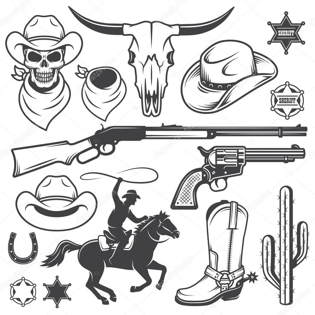 Set of wild west cowboy designed elements. Monochrome style