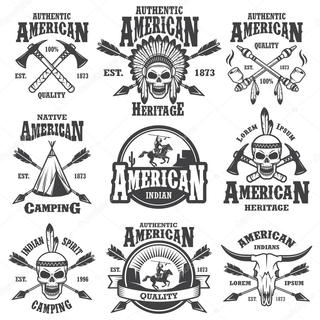 Set of american indian emblems, labels, badges, logos and designed elements. Wild West theme. Monochrome style