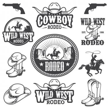 Vintage rodeo amblem ve tasarlanmış öğeleri kümesi
