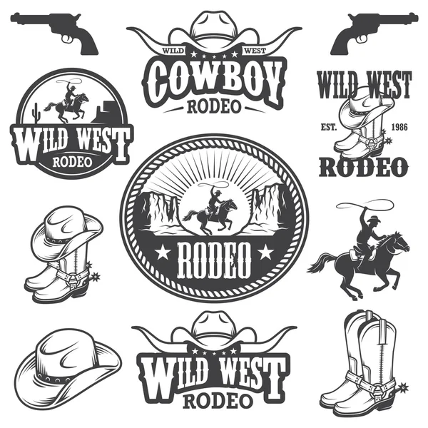 Conjunto de emblemas de rodeo vintage y elementos diseñados — Archivo Imágenes Vectoriales