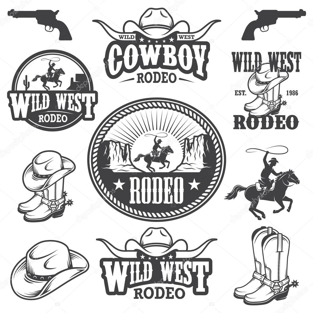 Set of vintage rodeo emblems, labels, logos, badges and designed elements. Wild West theme. Monochrome style
