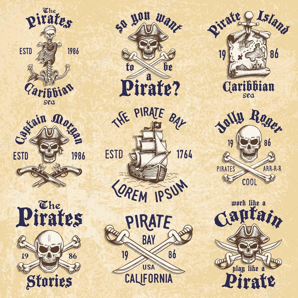 Set of vintage hand drawn pirates designed emblems, labels, logos and designed elements. Isolated with a skretched background. Doodle style. Proverbs. Layered.