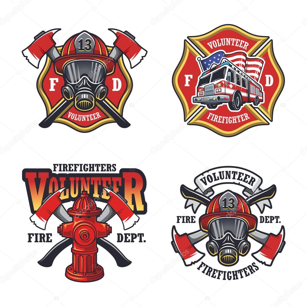 Set of firefighter emblems, labels, badges and logos on light background