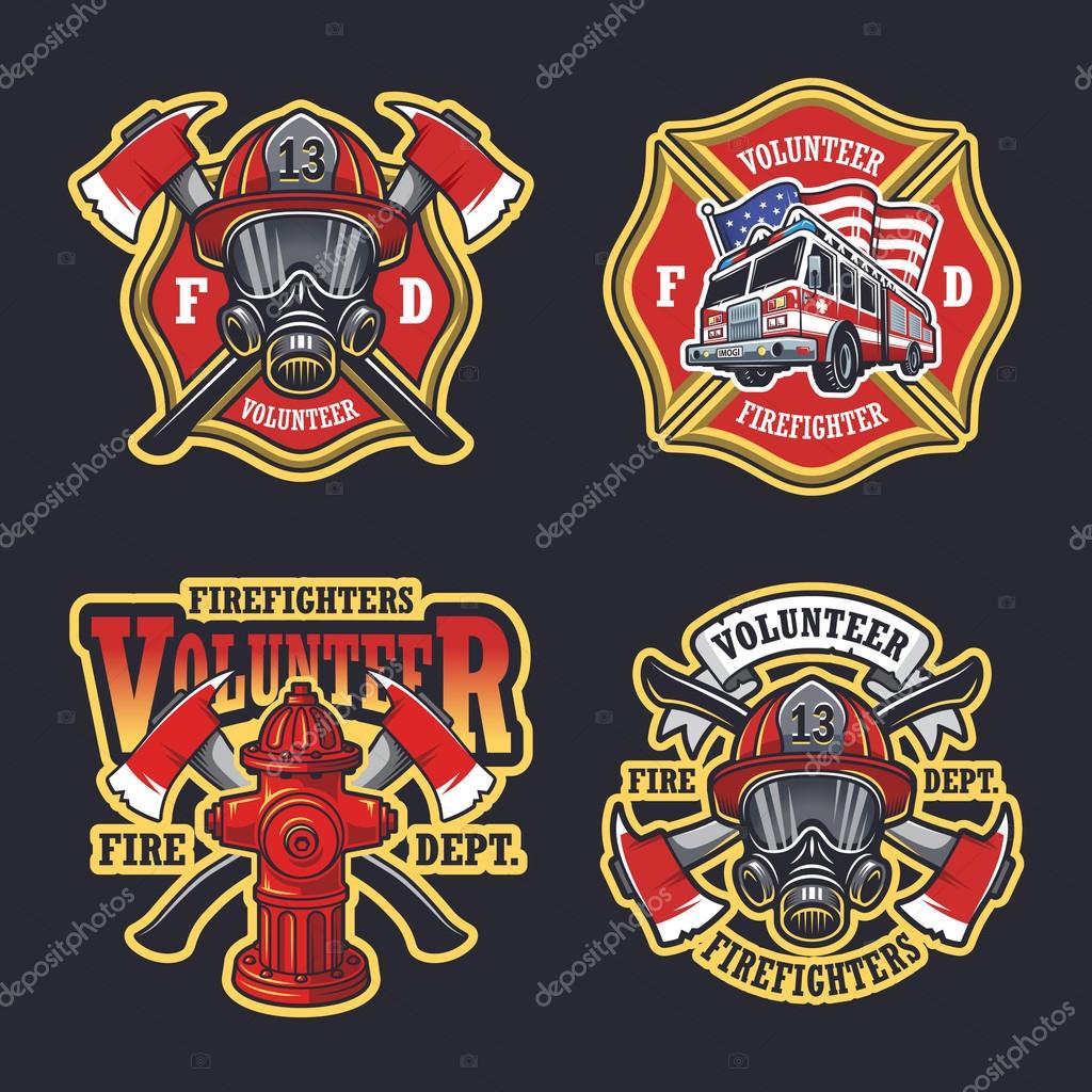 Set of firefighter emblems, labels, badges and logos on dark background