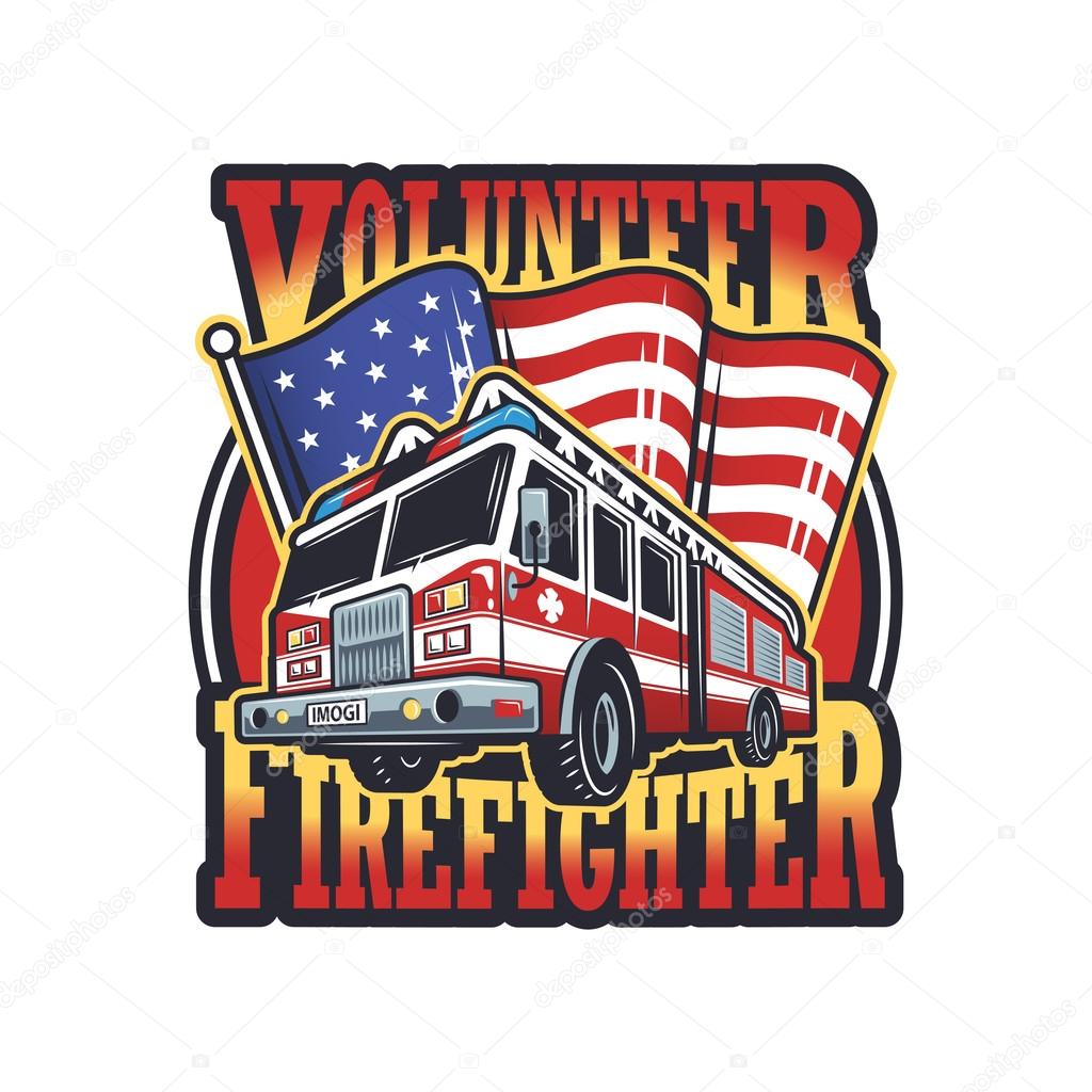 Vintage firefighter emblem with firefighter truck and american flag on light background