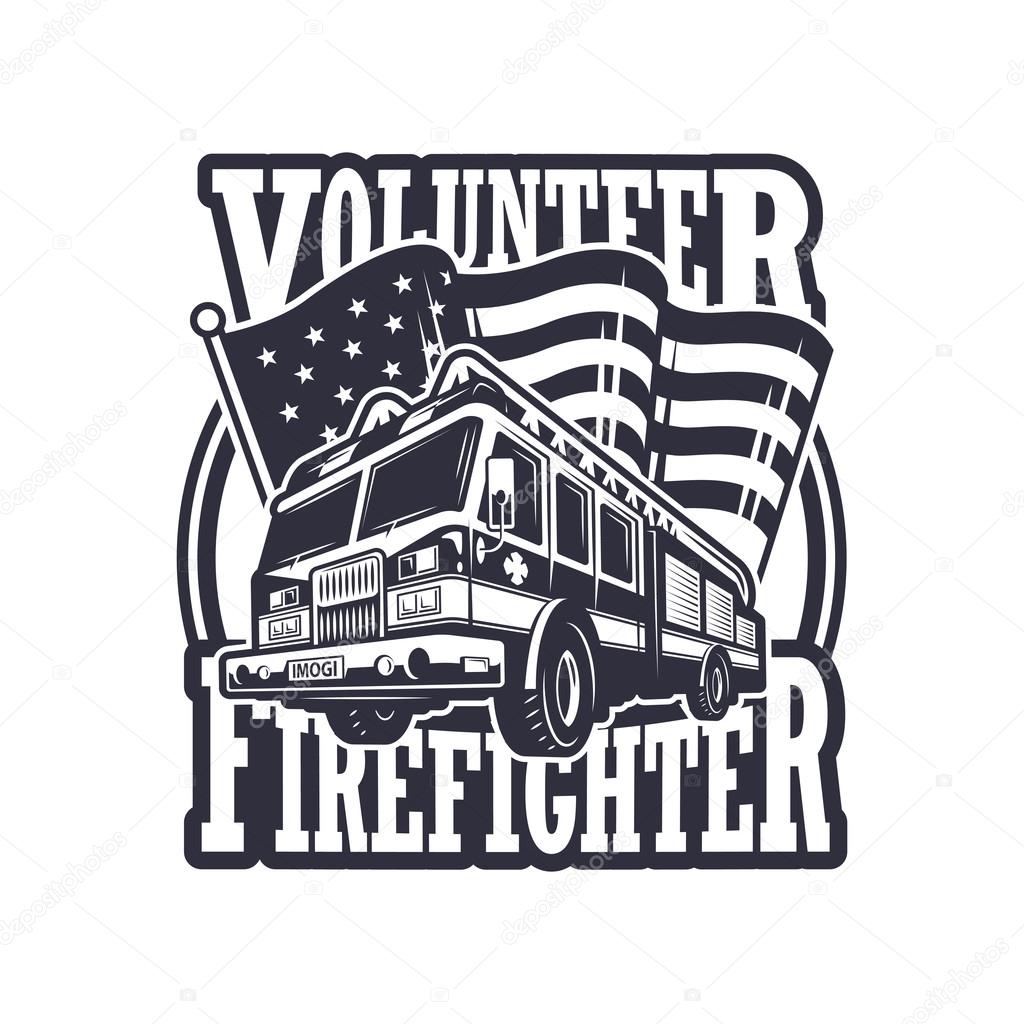 Vintage firefighter emblem with firefighter truck and american flag on light background. Monochrome