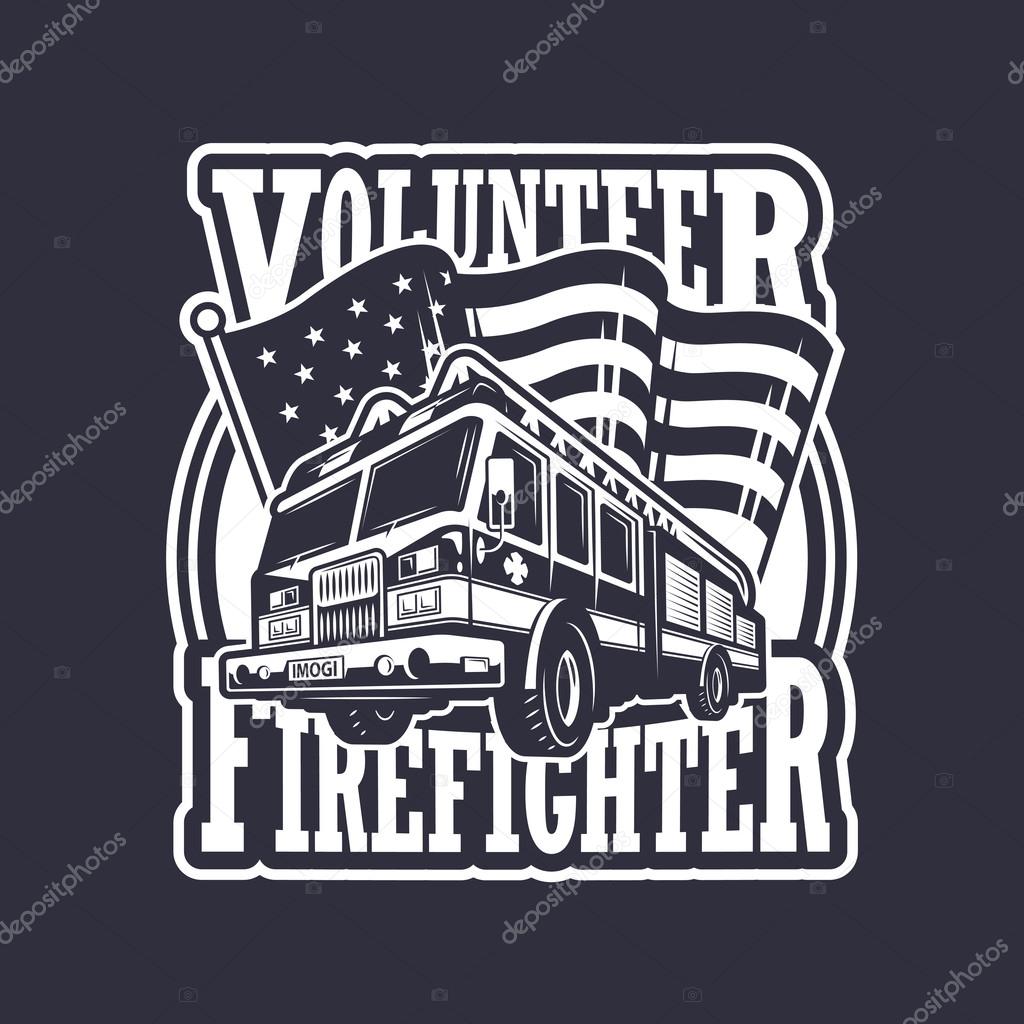 Vintage firefighter emblem with firefighter truck and american flag on dark background. Monochrome