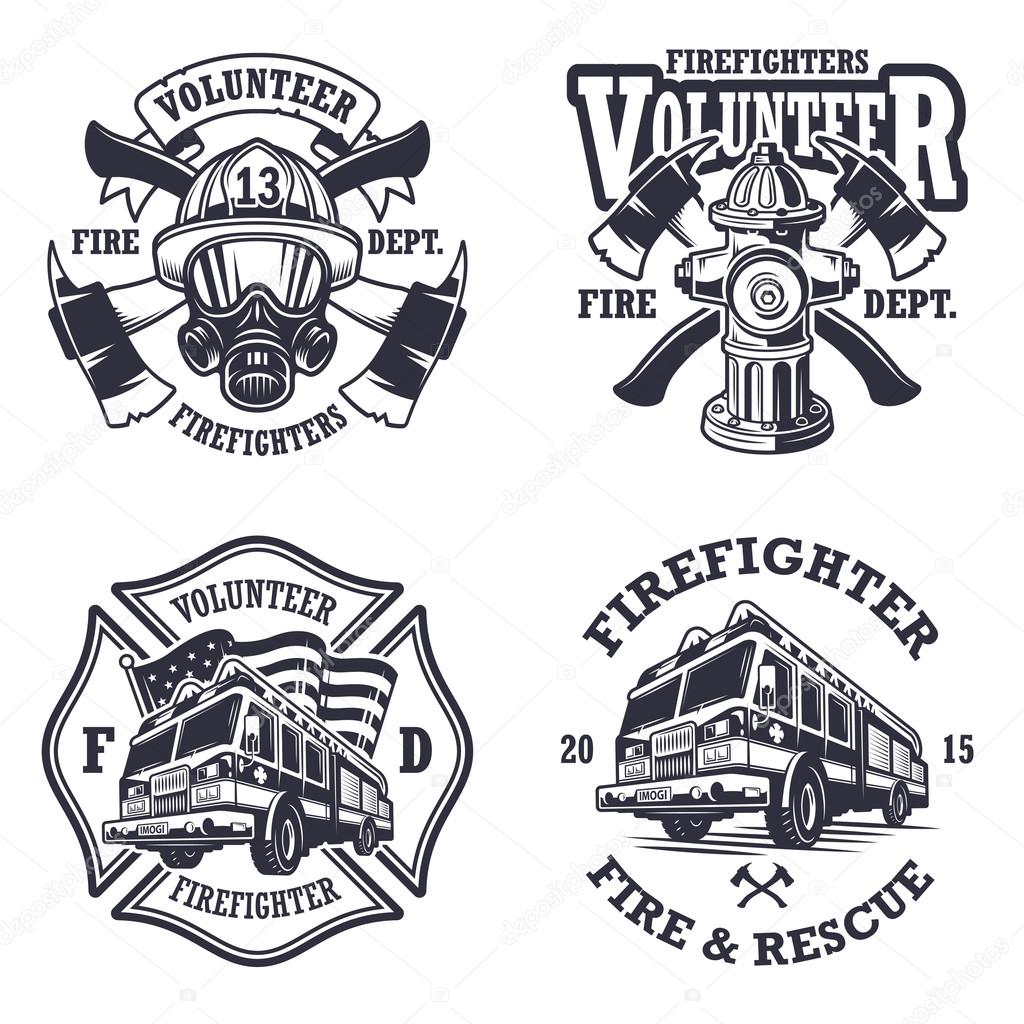 Set of firefighter emblems, labels, badges and logos on light background. Monochrome style