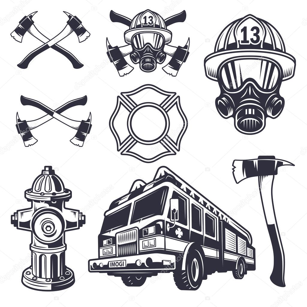 Set of designed firefighter elements. Monochrome style